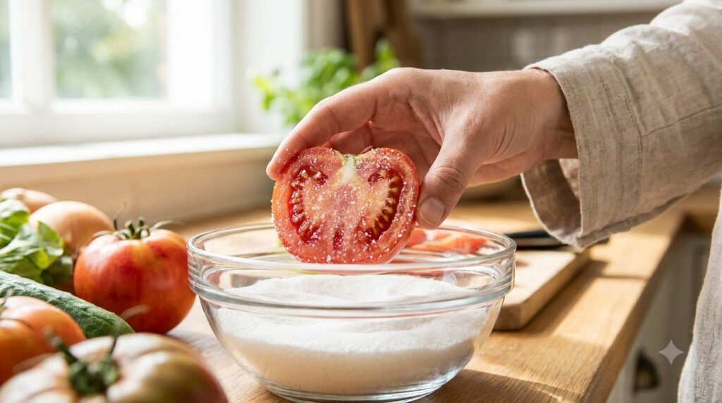 Close-up of a halved tomato being dipped into a bowl of granulated sugar showing the sugar adhering to the tomato s cut 