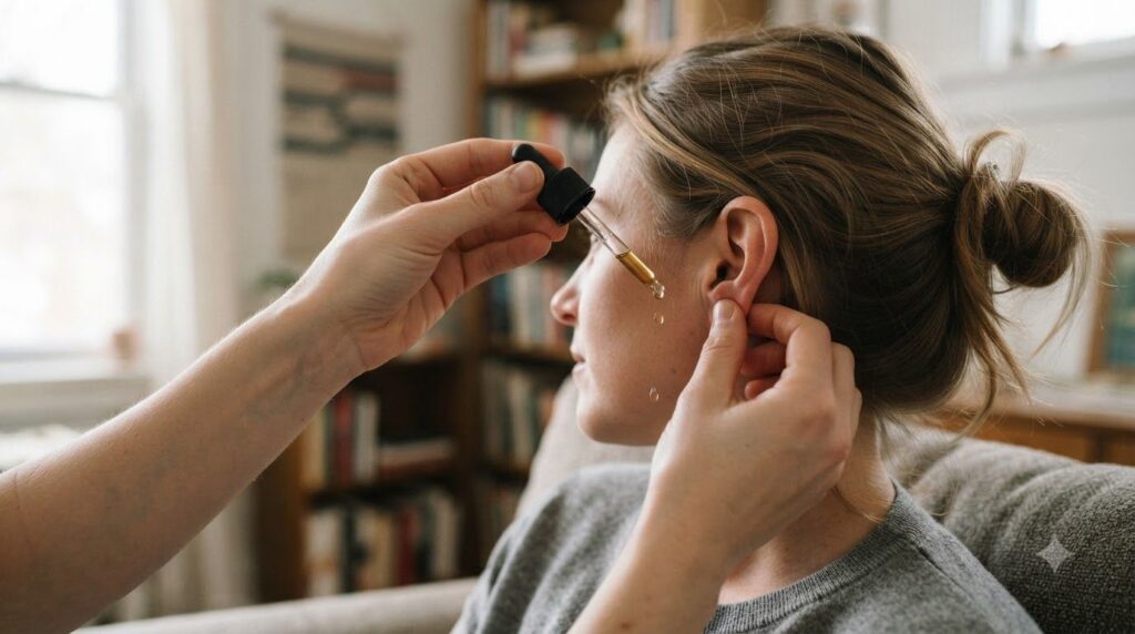 A hand gently applying a few drops of oil from a dropper bottle near the outer ear of a person emphasizing careful exter