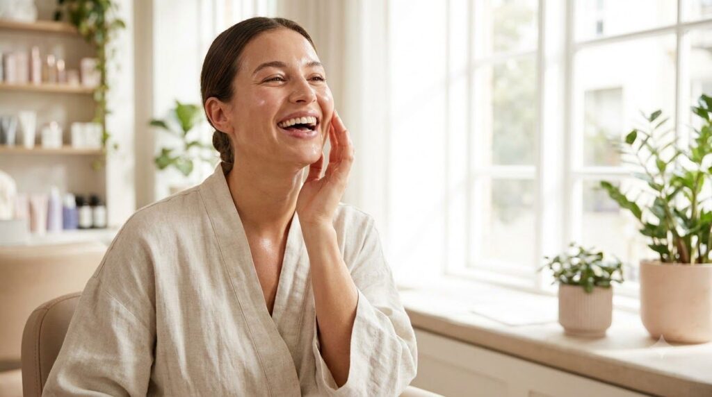 A woman smiling with visibly smooth hydrated and radiant skin after using a face mask demonstrating a natural glow