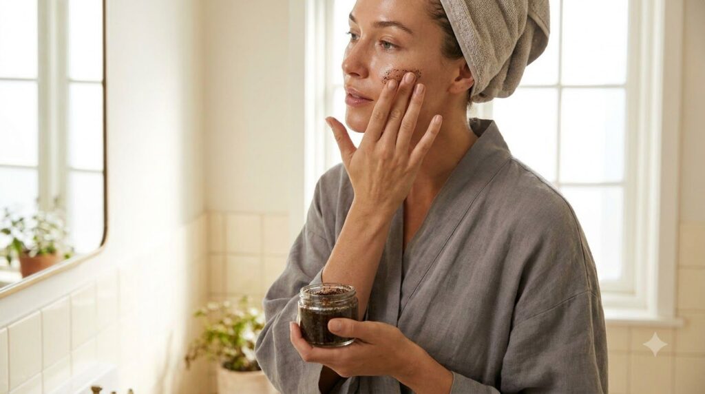 A woman with clean radiant skin applying a small amount of the coffee and Vaseline mixture to her cheek with her fingert
