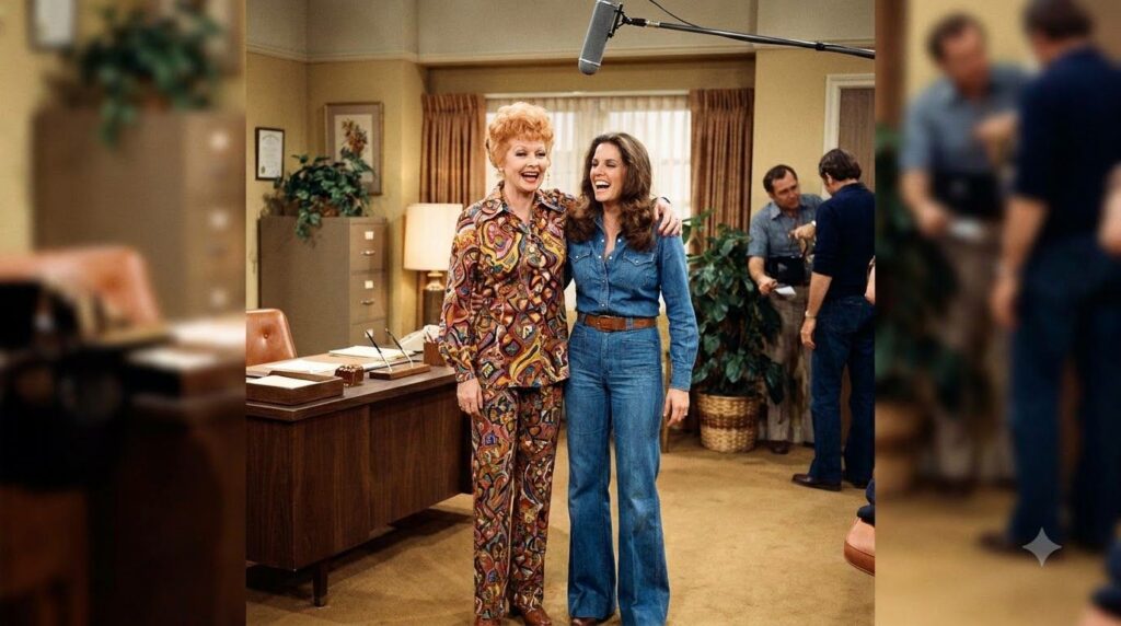 A real production still from the Here s Lucy television show showing Lucie Arnaz as Kim Carter interacting with Lucille
