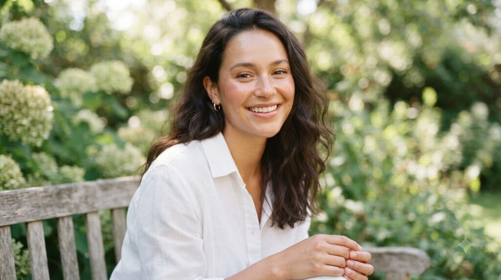 A woman with visibly smooth glowing skin looking refreshed and happy with a soft focus on her healthy complexion