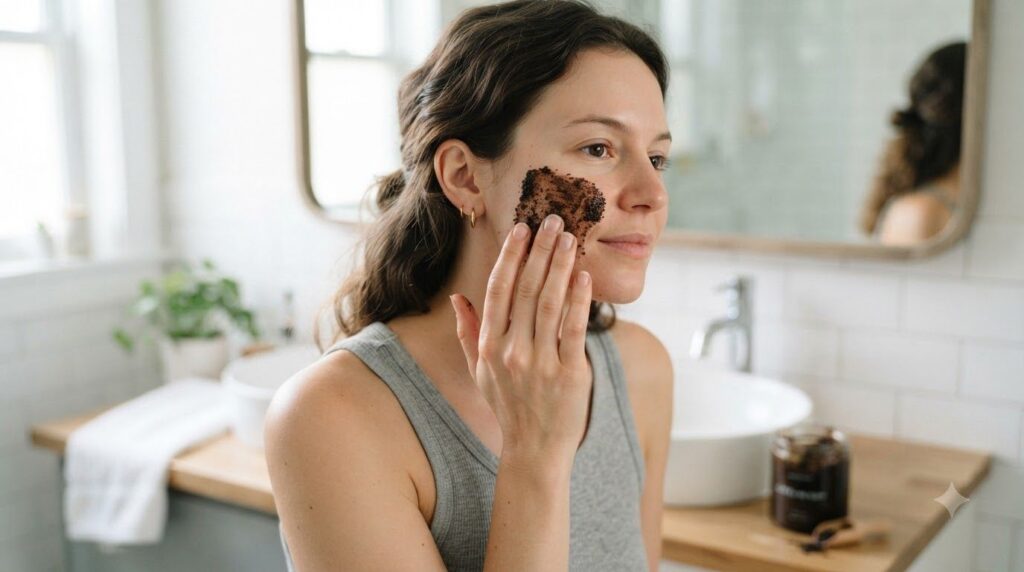 A woman s hand gently applying the coffee and Vaseline paste to her clean face focusing on areas like the forehead or ch