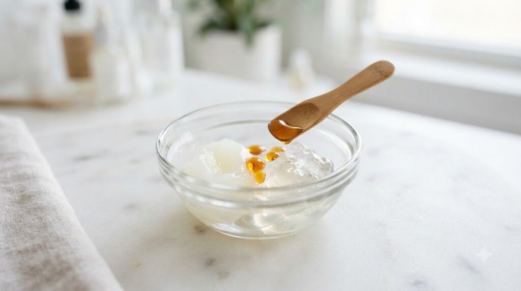 Small glass bowl containing Vaseline aloe vera gel and vitamin E oil with a mini spatula or spoon for mixing on a clean