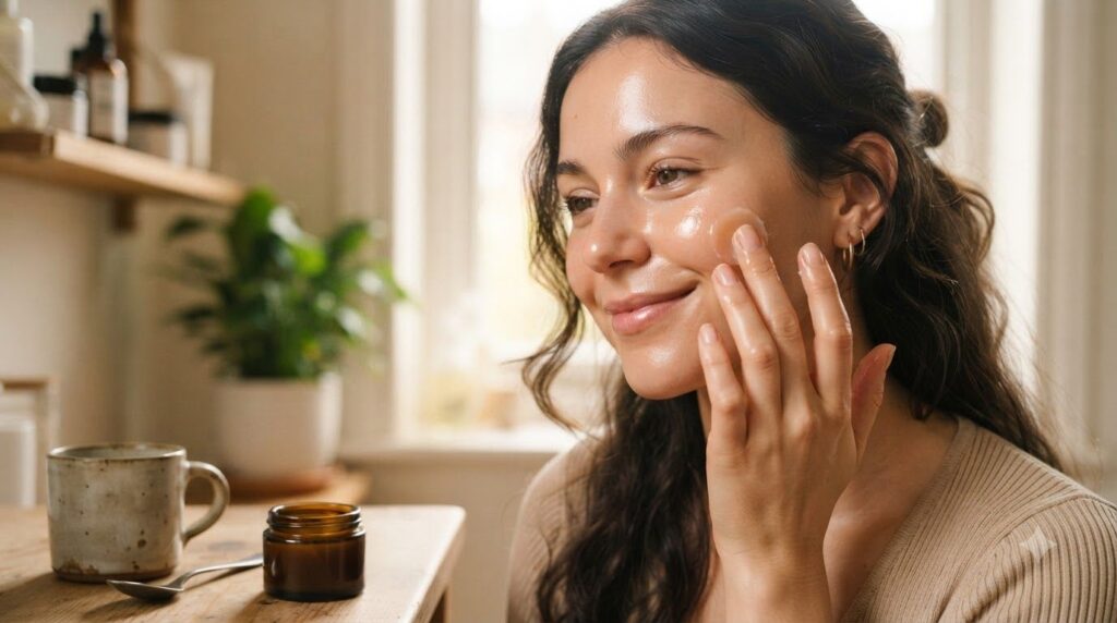 A person gently massaging a small amount of the homemade Vaseline balm onto their face specifically on the cheek or fore