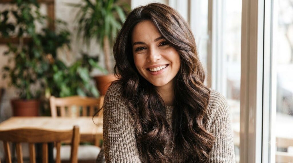 A woman with visibly thick shiny and healthy-looking hair smiling confidently Her hair looks vibrant and well-nourished