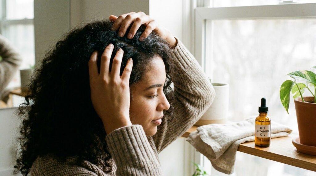 A woman gently massaging the DIY vitamin hair oil into her scalp with her fingertips focusing on the roots Her hair is d