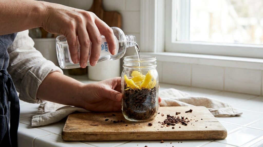 A person s hands pouring baby oil over cloves and lemon peel inside a clear glass jar on a kitchen counter with soft lig