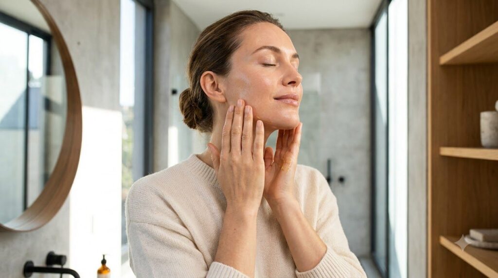A woman gently massaging a few drops of facial oil onto her clean face with a soft natural expression in a bright bathro