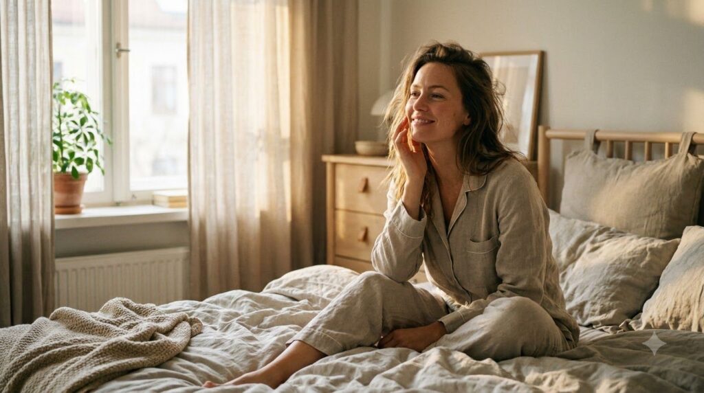 A woman waking up in the morning looking refreshed and touching her smooth luminous face