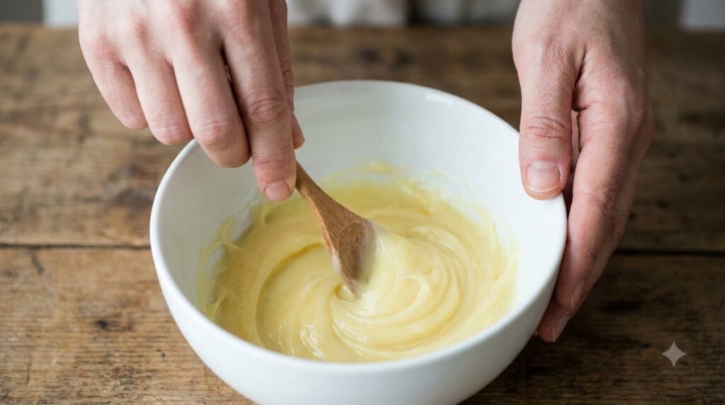 A person s hands gently mixing a yellow Vaseline and egg yolk mask in a small bowl with a spoon