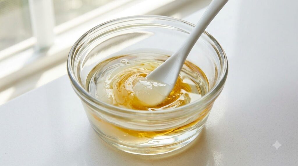 Close-up shot of a small bowl with Vaseline a few drops of vitamin E oil and jojoba oil being mixed with a small spatula