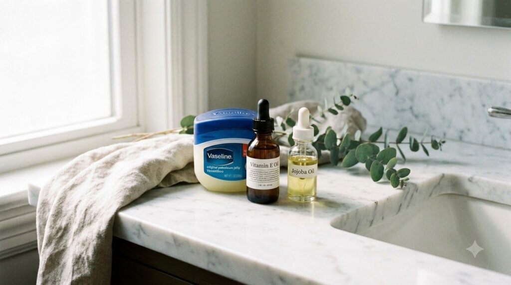 Ingredients a small tub of Vaseline a bottle of vitamin E oil and a small bottle of jojoba oil neatly arranged on a bath