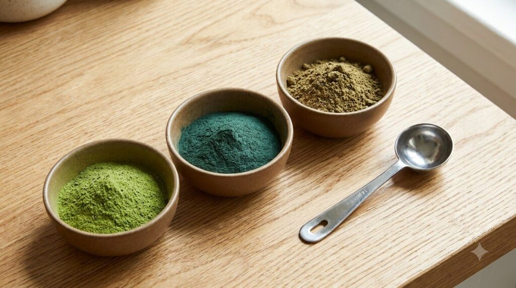 Three small bowls containing moringa powder spirulina powder and amla powder with a measuring spoon nearby