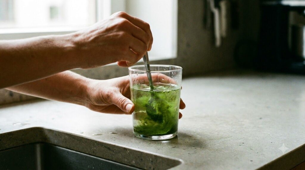 A person mixing green powder into a glass of water with a spoon showing the dissolved powder