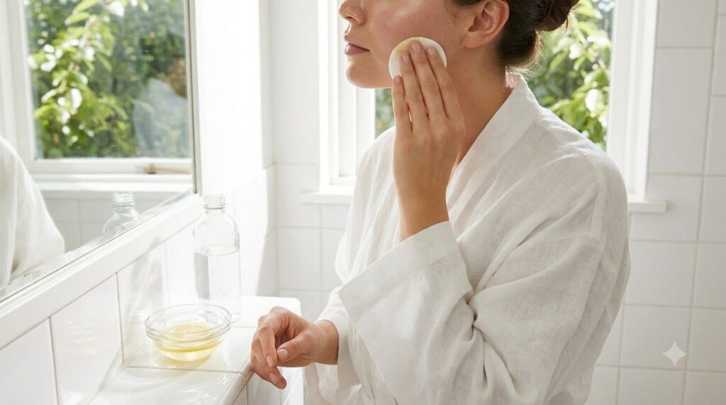 A person gently applying diluted lemon juice to their hair or skin in a natural soft-lit setting emphasizing a natural b