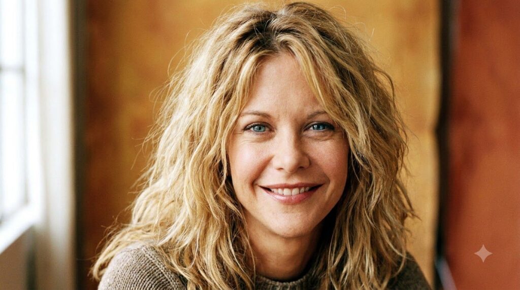 A close-up publicity photo of Meg Ryan from the 1990s showcasing her expressive face and classic blonde hairstyle