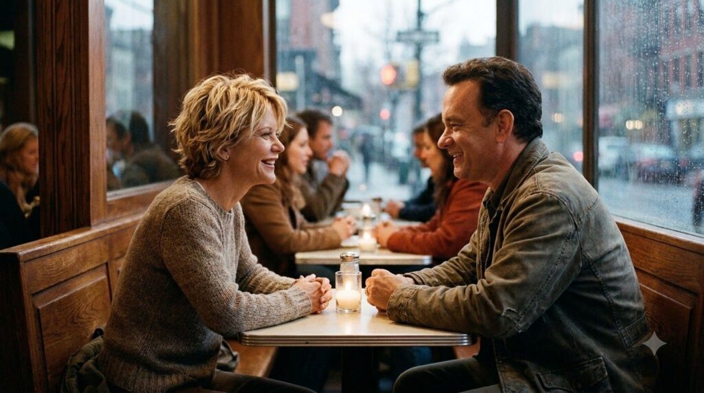 Meg Ryan in a scene from Sleepless in Seattle smiling at Tom Hanks
