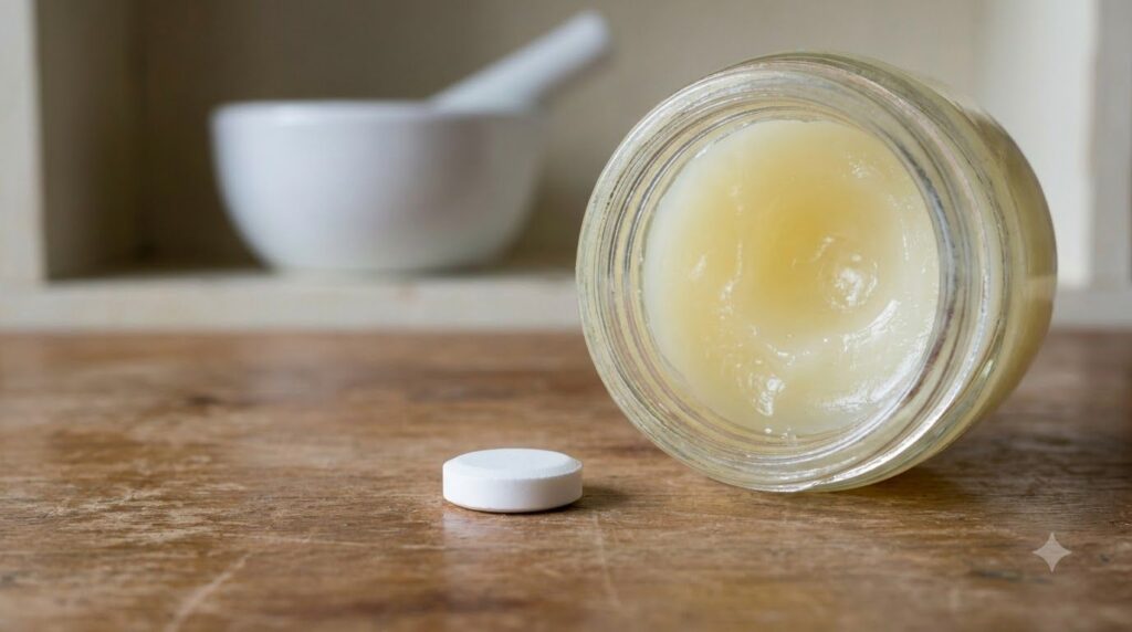 Close-up shot of a small white tablet aspirin next to a jar of Vaseline with a mortar and pestle or small mixing bowl in
