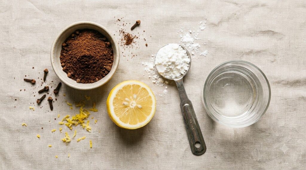 A flat lay of ingredients for the lemon clove gel a small bowl of ground cloves a cut lemon a measuring spoon with corns
