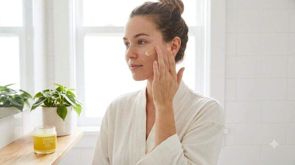 A woman with clear radiant skin gently applying a small amount of the light yellow lemon clove gel to her cheek in a wel