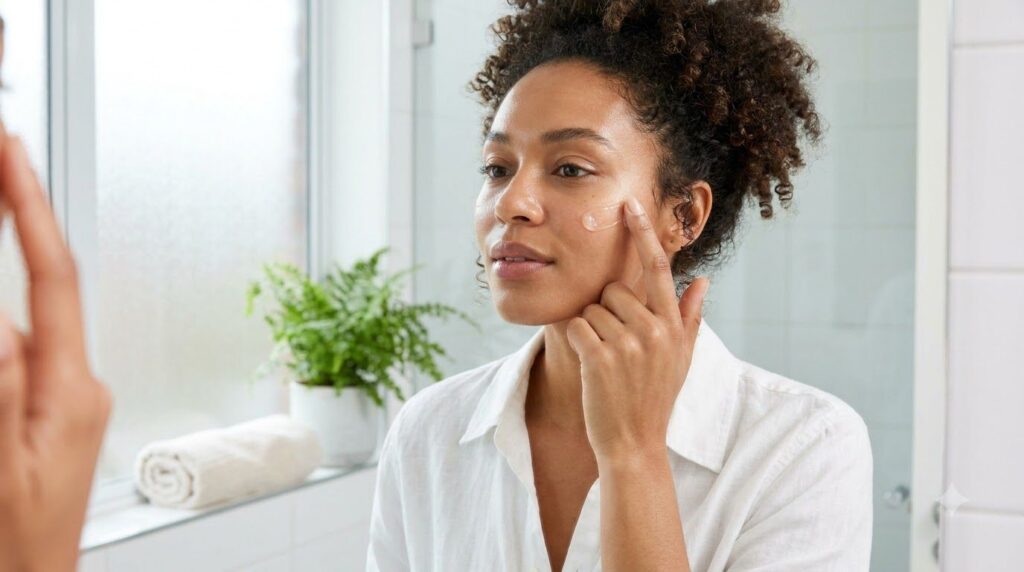 A woman gently applying a small amount of Vaseline to her cheekbone for a dewy glow with natural light
