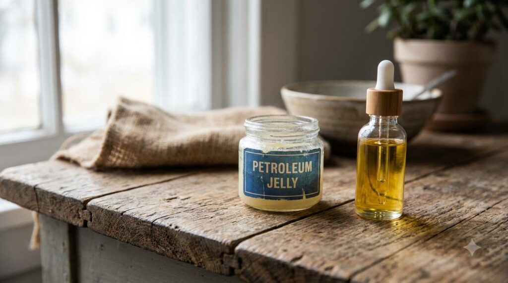 A small glass jar of Vaseline next to a dropper bottle of natural face oil on a wooden surface
