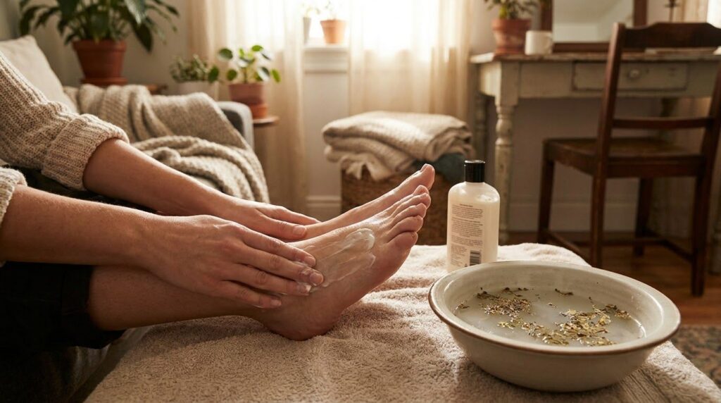 A person s hands gently massaging their freshly soaked soft feet after a homemade foot bath highlighting the moisturizin
