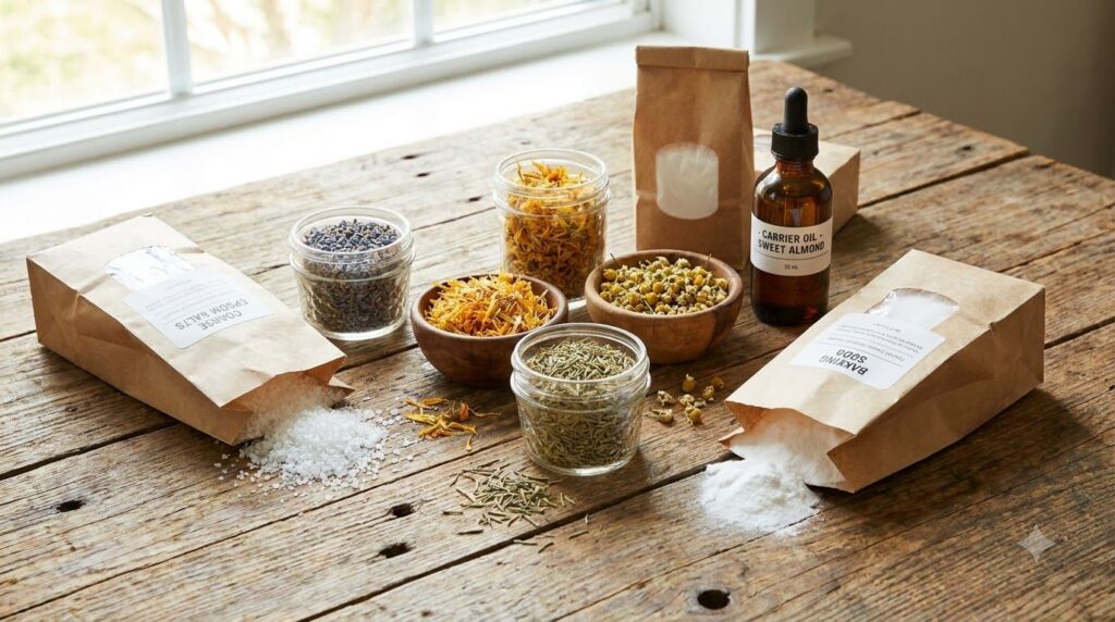 Various dried herbs Epsom salts baking soda and a small bottle of carrier oil arranged neatly on a wooden surface ready 
