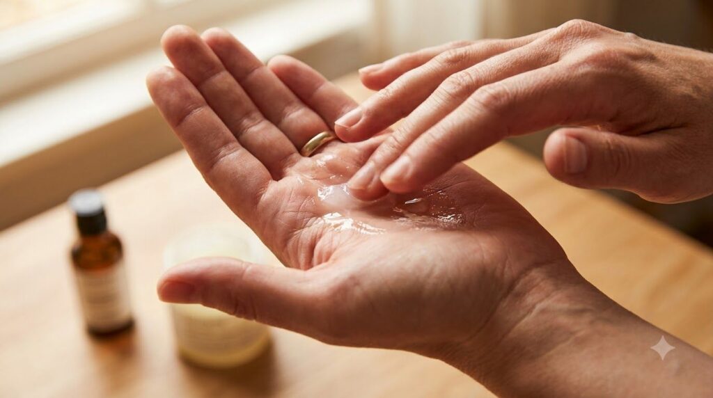 A hand with visible mixed Vaseline and glycerin ready to be applied showing the smooth texture of the blend