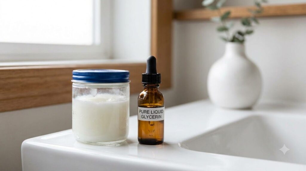 A jar of Vaseline and a small bottle of liquid glycerin on a clean light surface ready to be mixed
