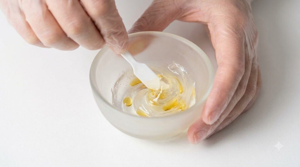 Hands mixing petroleum jelly and a facial oil in a small glass bowl with a spatula showing the creamy texture of the ble