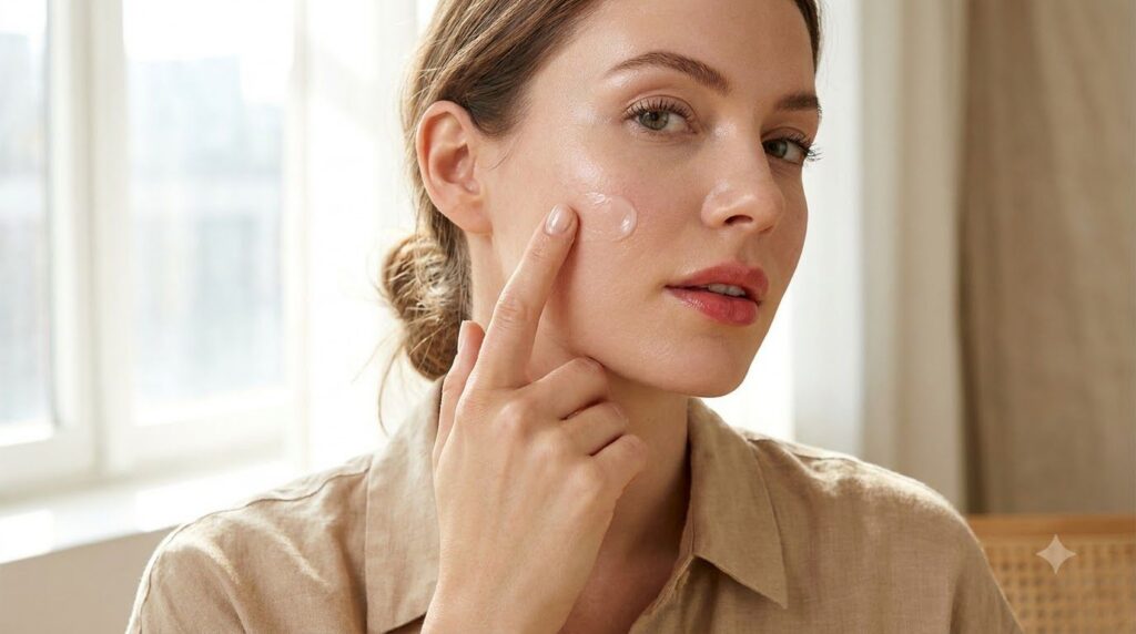 A woman gently dabbing a small amount of the mixed glow balm onto her cheekbone showcasing a subtle natural glow on her