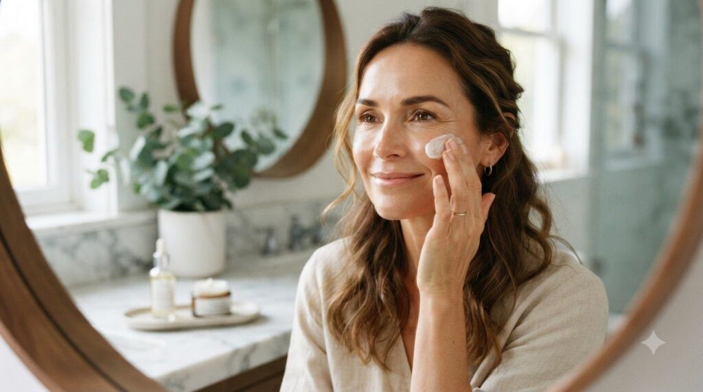 A woman gently applying the homemade rice and clove cream to her face with a soft natural glow to her skin
