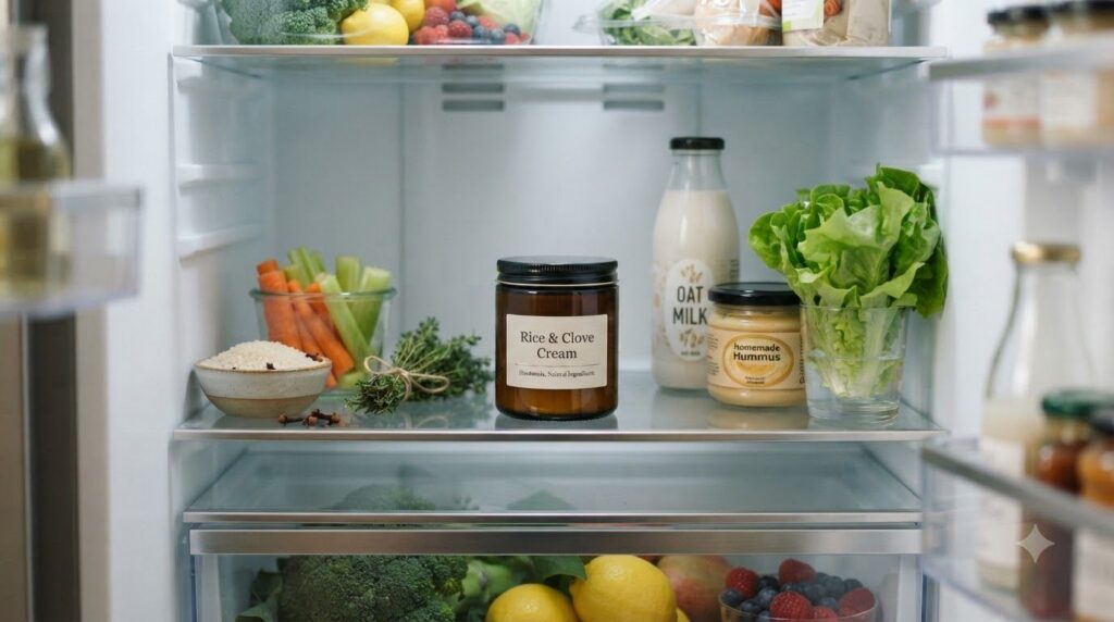 A small labeled jar of homemade rice and clove cream stored in a refrigerator emphasizing safe storage