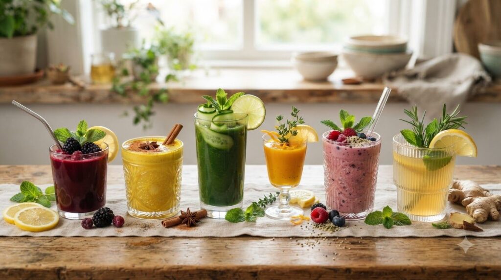 A variety of the six anti-inflammatory drinks described each in a different clear glass showcasing their unique colors a