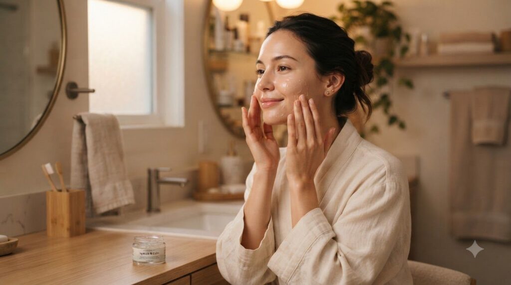 A woman gently applying a translucent gel to her clean face before bedtime with soft ambient lighting