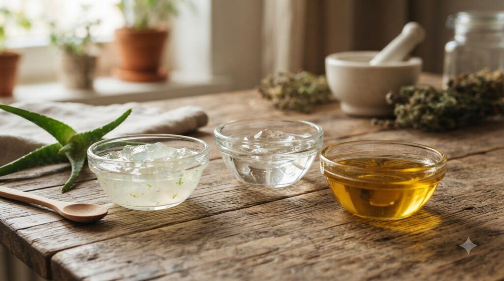Three small bowls or jars containing aloe vera gel vegetable glycerin and sweet almond oil with a mixing spoon nearby