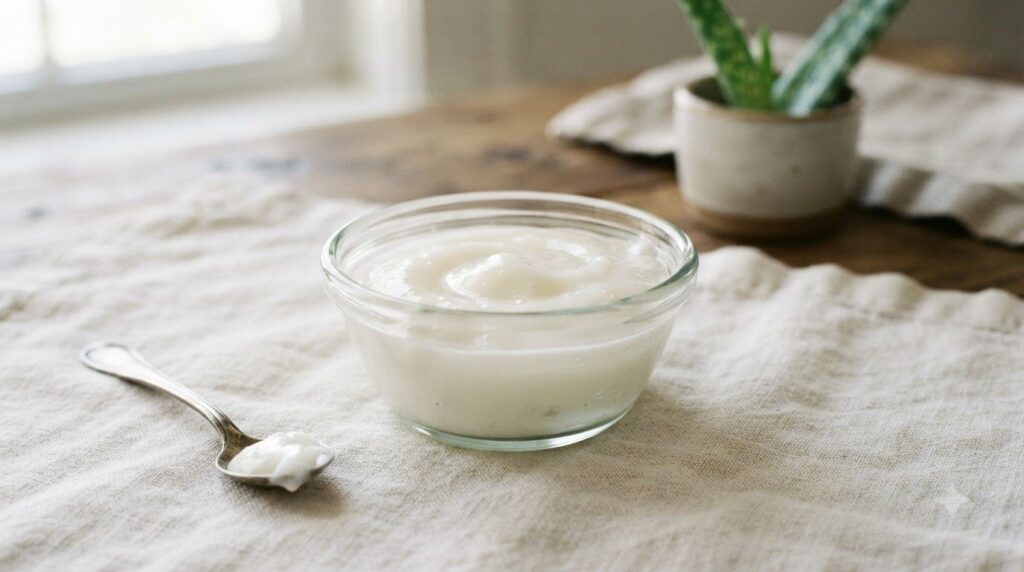 A small bowl with a mixture of Vaseline and aloe vera representing a DIY hydrating mask