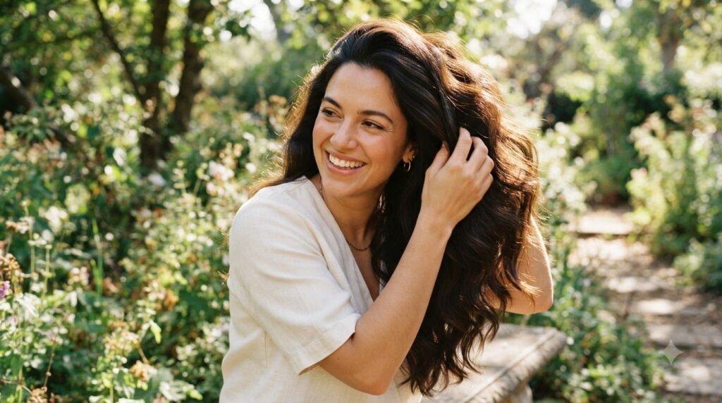 A woman with visibly thick lustrous dark hair smiling brightly running her fingers through her healthy strands in a natu