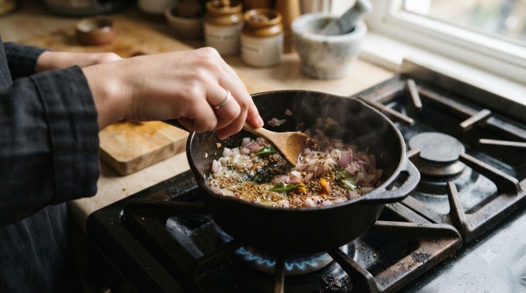 A close-up shot of a hand gently stirring a mixture of chopped red onions fenugreek seeds and black cumin seeds in a sma