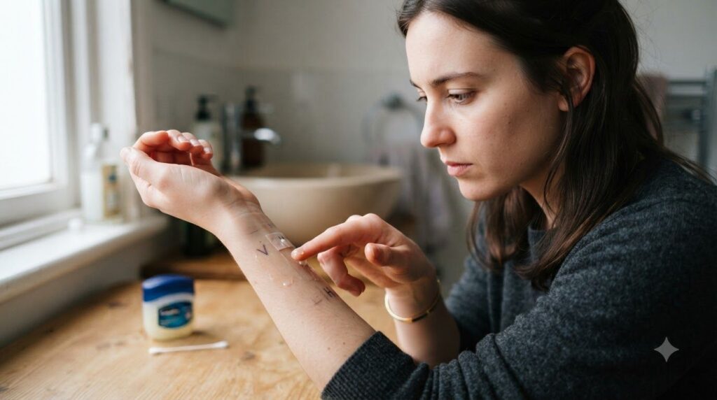 A person s hand applying a small amount of petroleum jelly to their forearm during a patch test with a focused and cauti