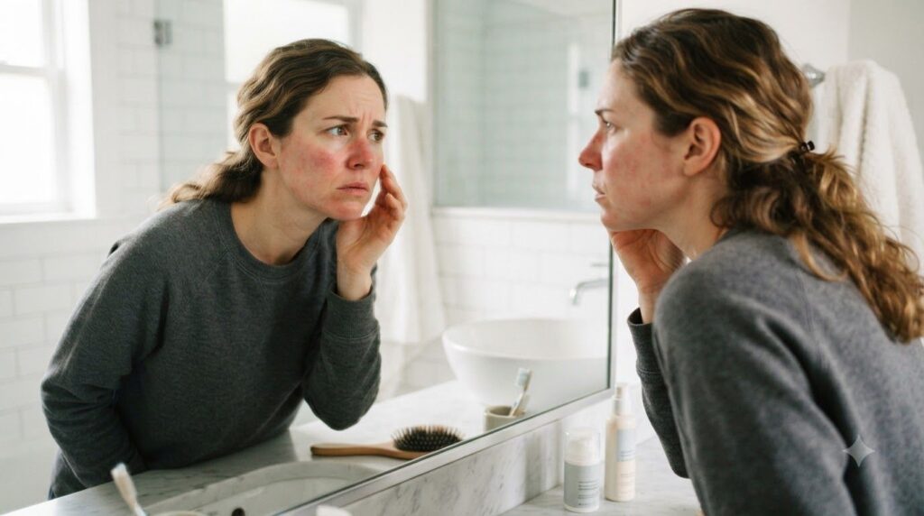 A woman looking concerned while examining her face in a mirror possibly showing signs of skin irritation or redness to c