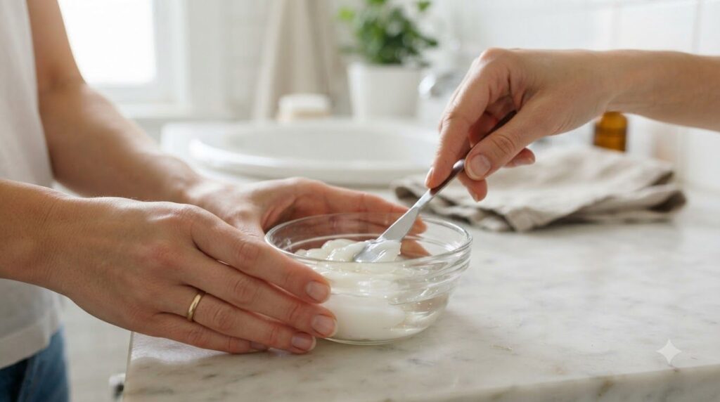 A close-up of a hand using a small spatula to mix Vaseline and glycerin in a glass bowl illustrating the making of the D