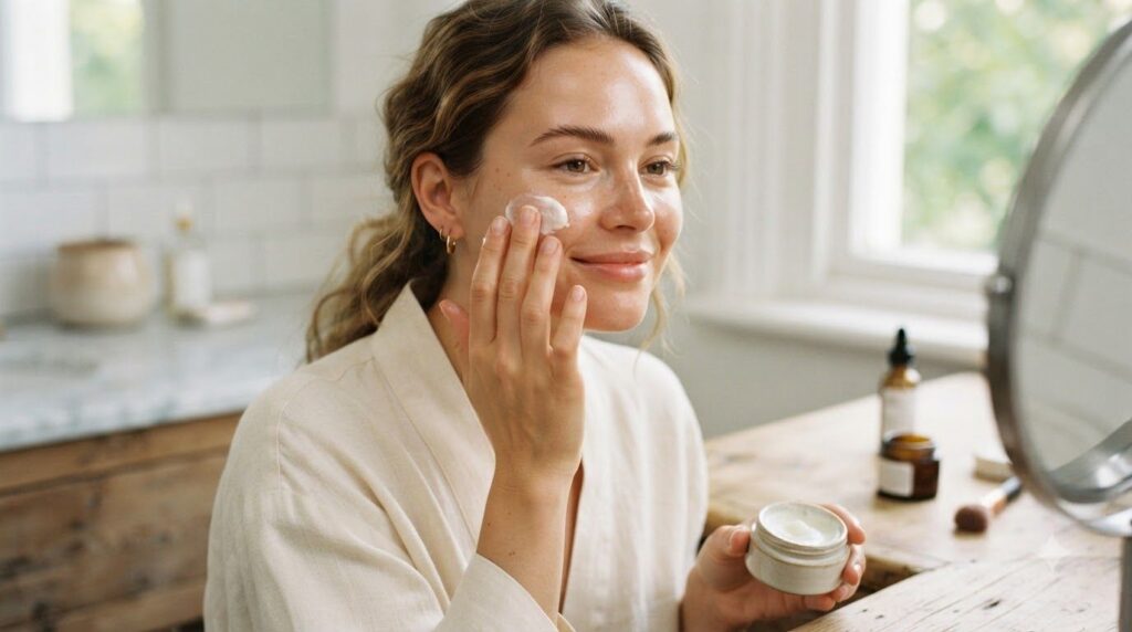 A woman gently applying a small amount of the Vaseline and glycerin blend to her cheek demonstrating the application met