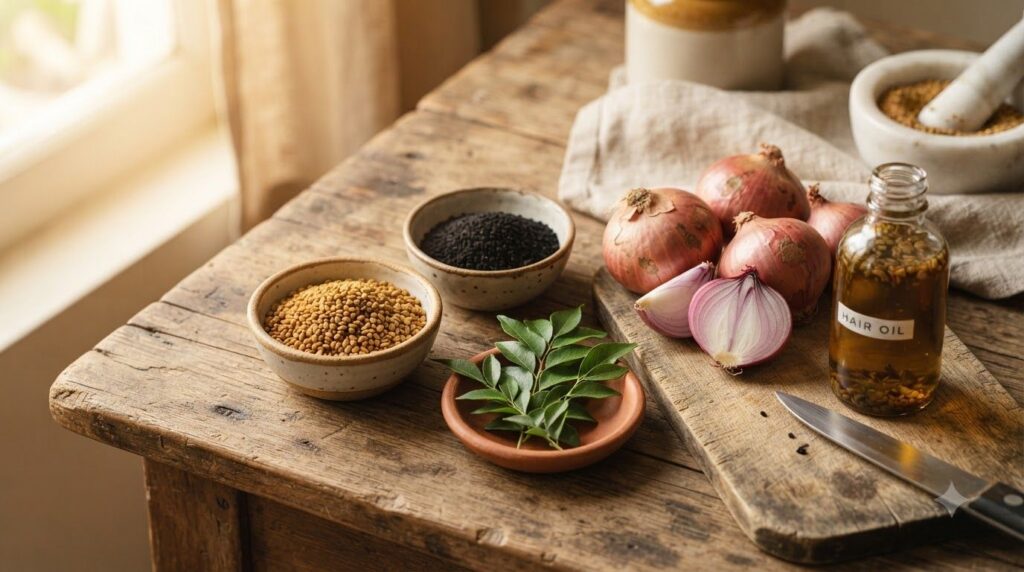 Various natural ingredients for hair oil displayed on a wooden table fresh red onions small bowls of fenugreek seeds and