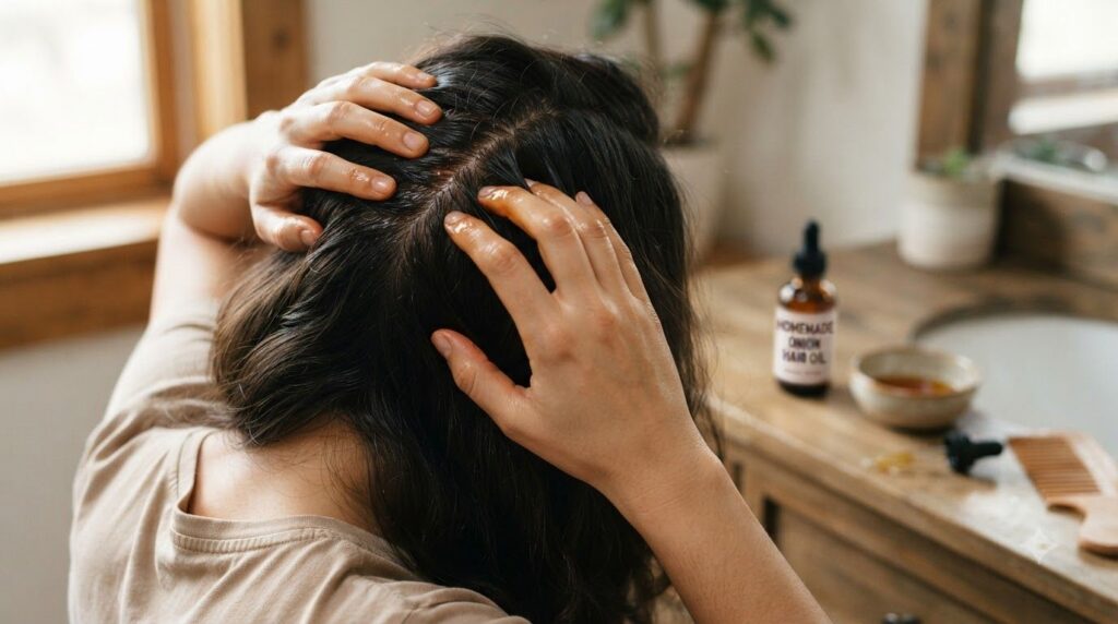 A person s hands gently massaging homemade onion hair oil into their scalp focusing on the roots with a soft focus on th