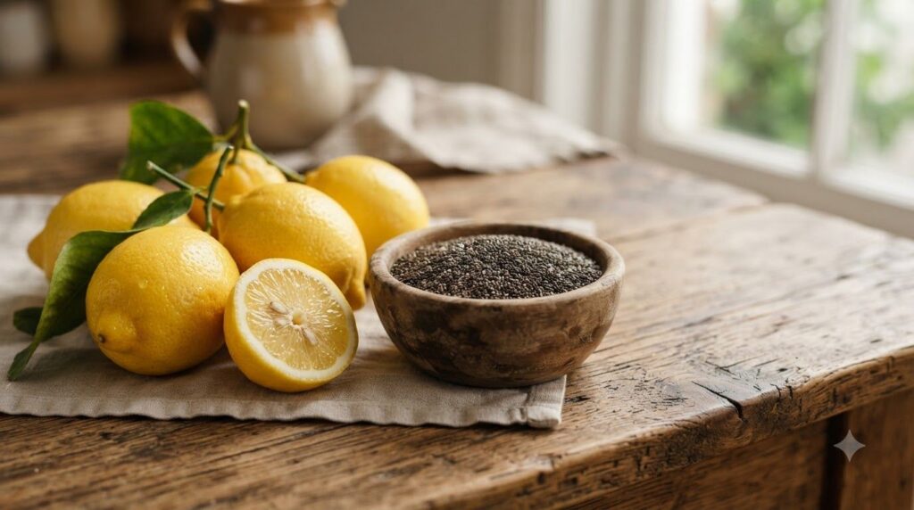 A close-up of fresh lemons and a bowl of chia seeds highlighting the simple natural ingredients used for the wellness dr