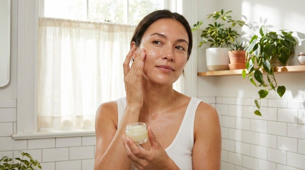 A woman gently applying a small amount of the Vaseline and glycerin blend to her cheek illustrating the how to use step
