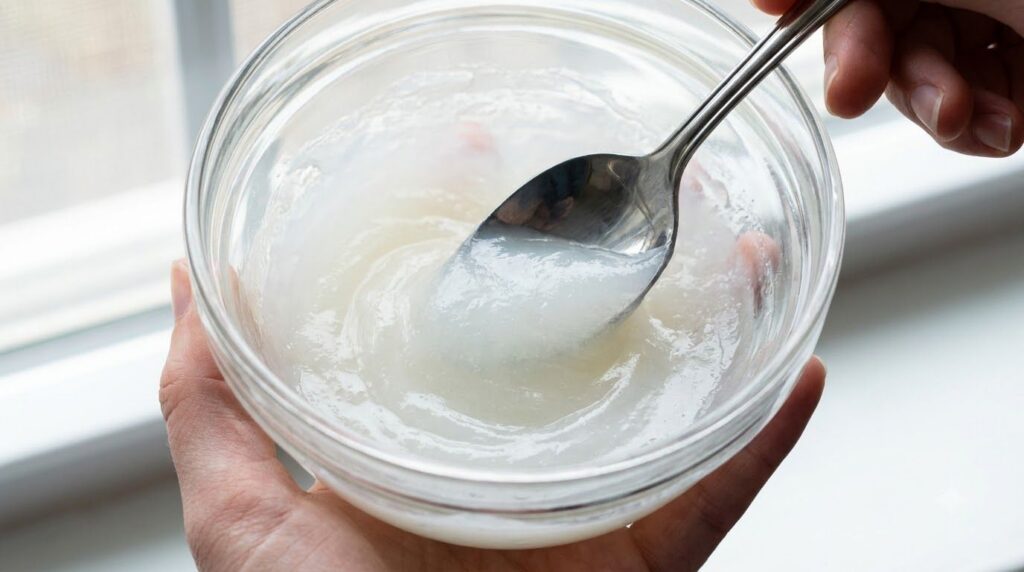 A close-up of a small glass bowl with Vaseline and glycerin being mixed together with a tiny spatula or spoon The textur